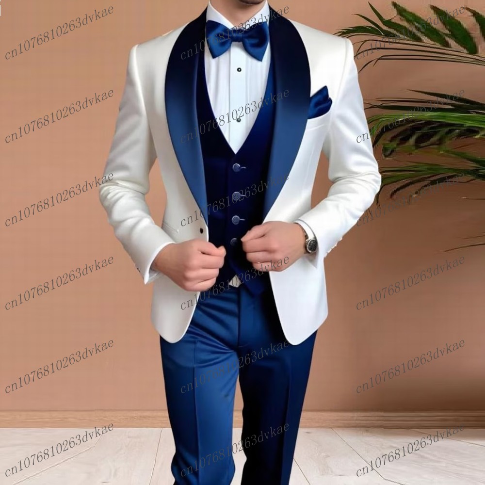 Men'S Grooming Jacket - Acétate satin blanc et bleu marine